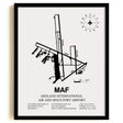 Framed Detailed Airport Map of Midland International Air and Space Port (MAF) in White with a Black Frame