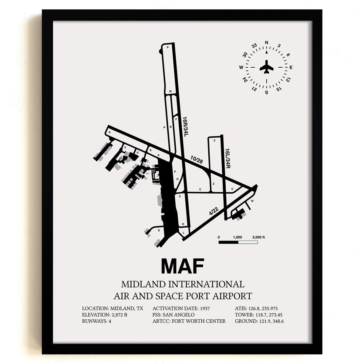 Framed Detailed Airport Map of Midland International Air and Space Port (MAF) in White with a Black Frame