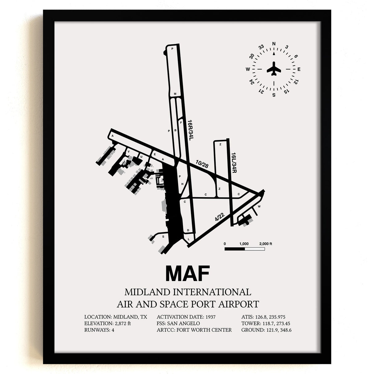 Framed Detailed Airport Map of Midland International Air and Space Port (MAF) in White with a Black Frame