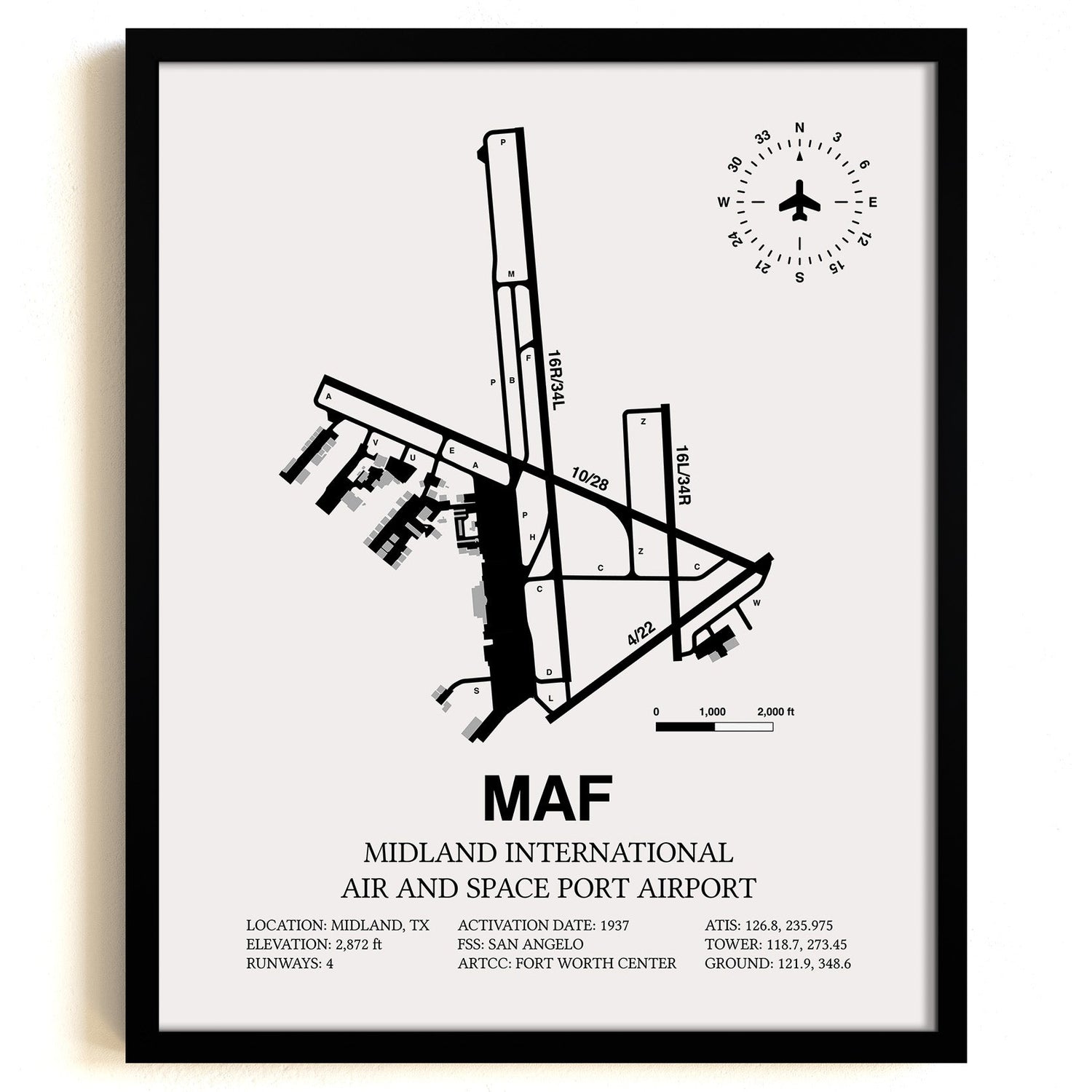 Framed Detailed Airport Map of Midland International Air and Space Port (MAF) in White with a Black Frame