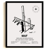 Framed Detailed Airport Map of Midland International Air and Space Port (MAF) in White with a Black Frame