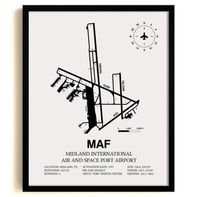 Framed Detailed Airport Map of Midland International Air and Space Port (MAF) in White with a Black Frame