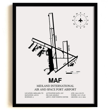 Framed Detailed Airport Map of Midland International Air and Space Port (MAF) in White with a Black Frame