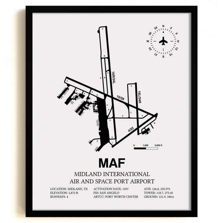 Framed Detailed Airport Map of Midland International Air and Space Port (MAF) in White with a Black Frame