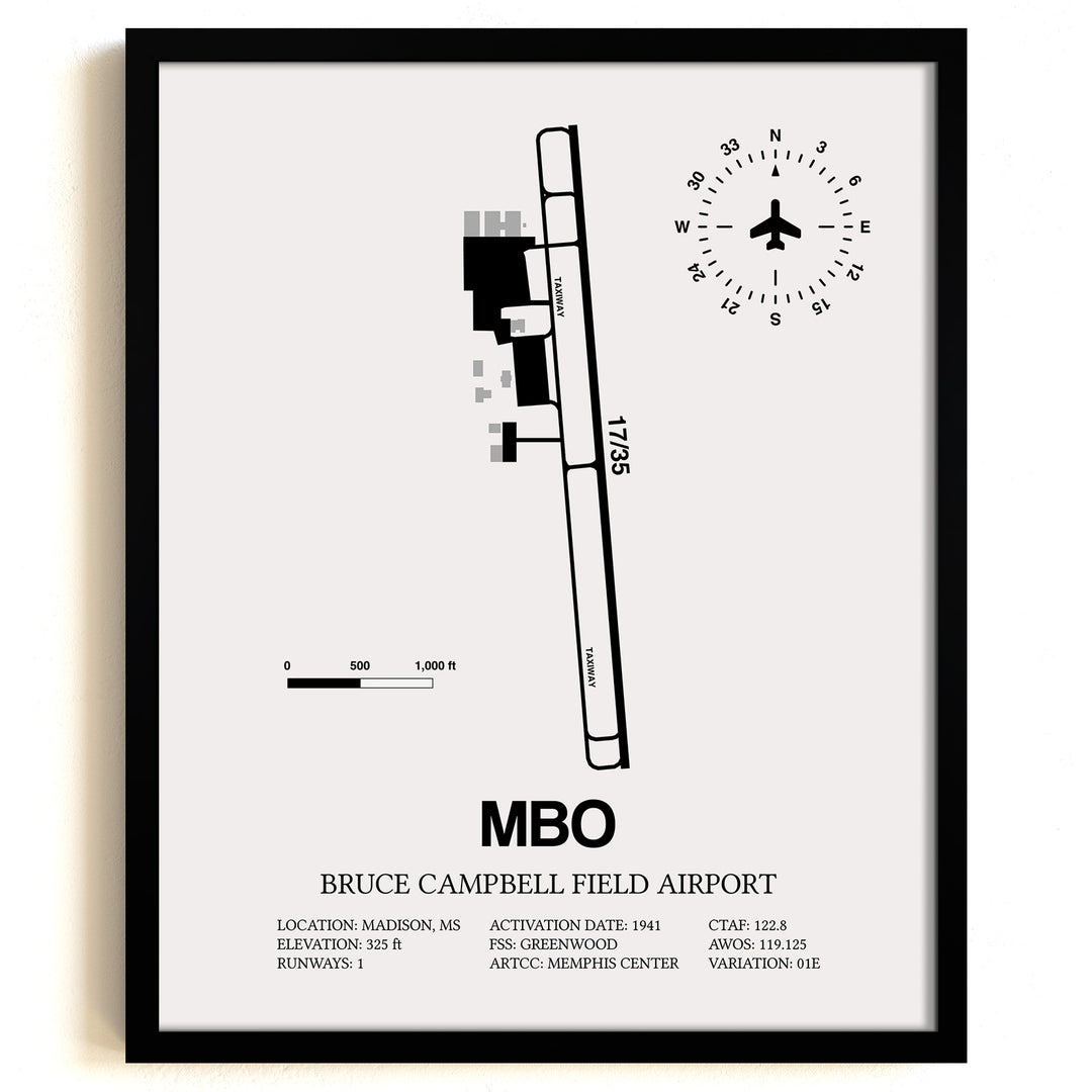 Framed Detailed Airport Map of Bruce Campbell Field (MBO) in White with a Black Frame