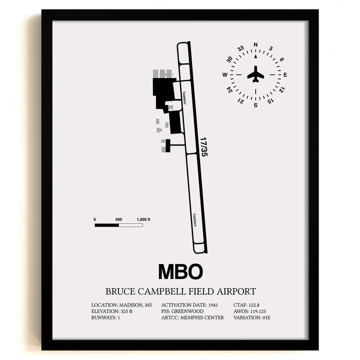 Framed Detailed Airport Map of Bruce Campbell Field (MBO) in White with a Black Frame