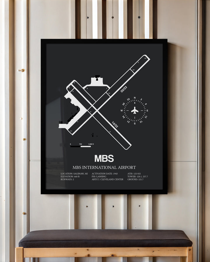 Framed Detailed Airport Map of MBS International Airport (MBS) in Gray with a Black Frame