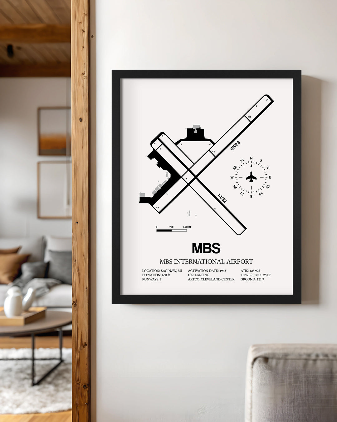 Framed Detailed Airport Map of MBS International Airport (MBS) in White with a Black Frame