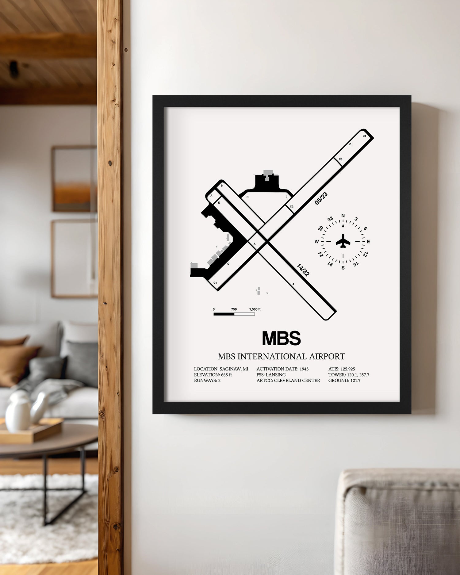 Framed Detailed Airport Map of MBS International Airport (MBS) in White with a Black Frame