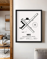Framed Detailed Airport Map of MBS International Airport (MBS) in White with a Black Frame