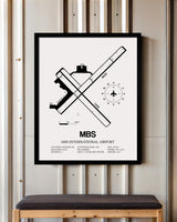 Framed Detailed Airport Map of MBS International Airport (MBS) in White with a Black Frame