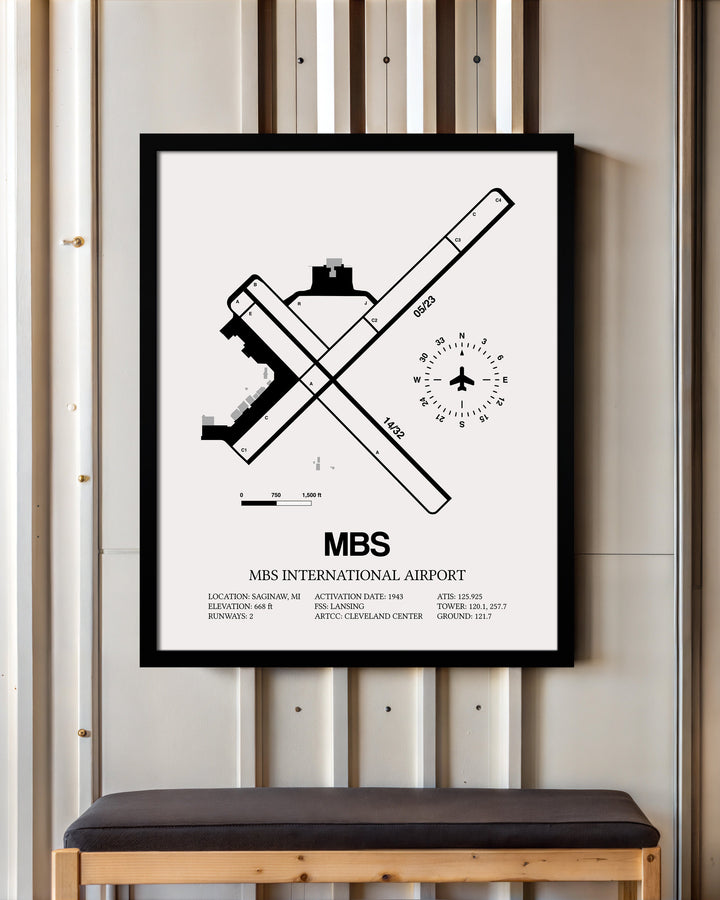 Framed Detailed Airport Map of MBS International Airport (MBS) in White with a Black Frame