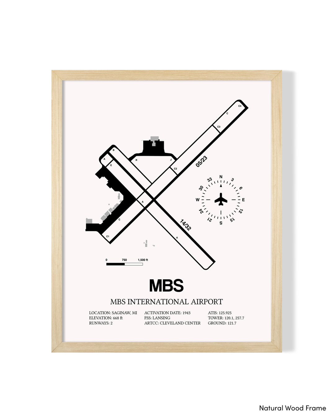 Detailed Airport Map of MBS International Airport (MBS) in White with a Natural Frame