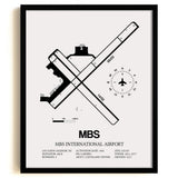 Framed Detailed Airport Map of MBS International Airport (MBS) in White with a Black Frame