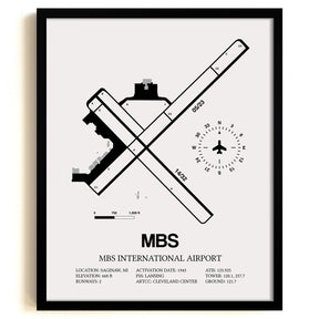 Framed Detailed Airport Map of MBS International Airport (MBS) in White with a Black Frame