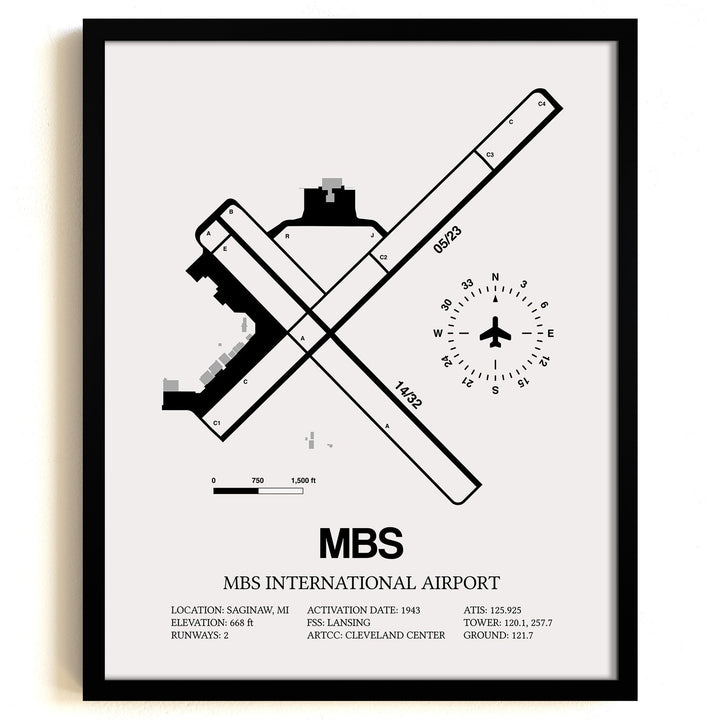 Framed Detailed Airport Map of MBS International Airport (MBS) in White with a Black Frame