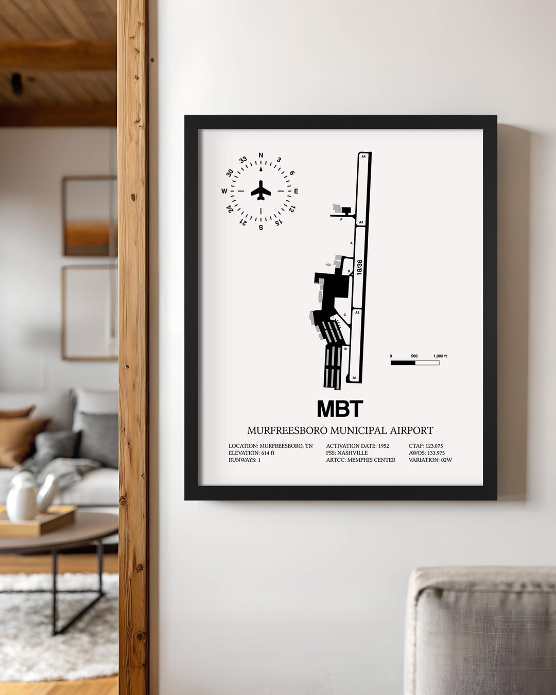 Framed Detailed Airport Map of Murfreesboro Municipal Airport (MBT) in White with a Black Frame