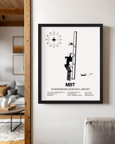 Framed Detailed Airport Map of Murfreesboro Municipal Airport (MBT) in White with a Black Frame