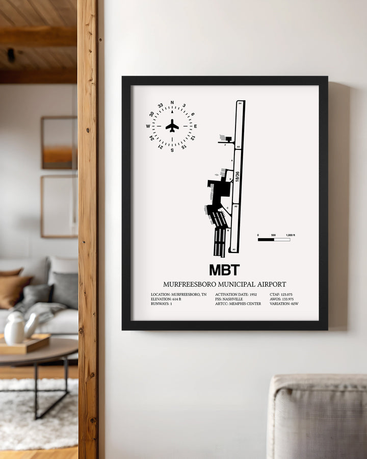 Framed Detailed Airport Map of Murfreesboro Municipal Airport (MBT) in White with a Black Frame