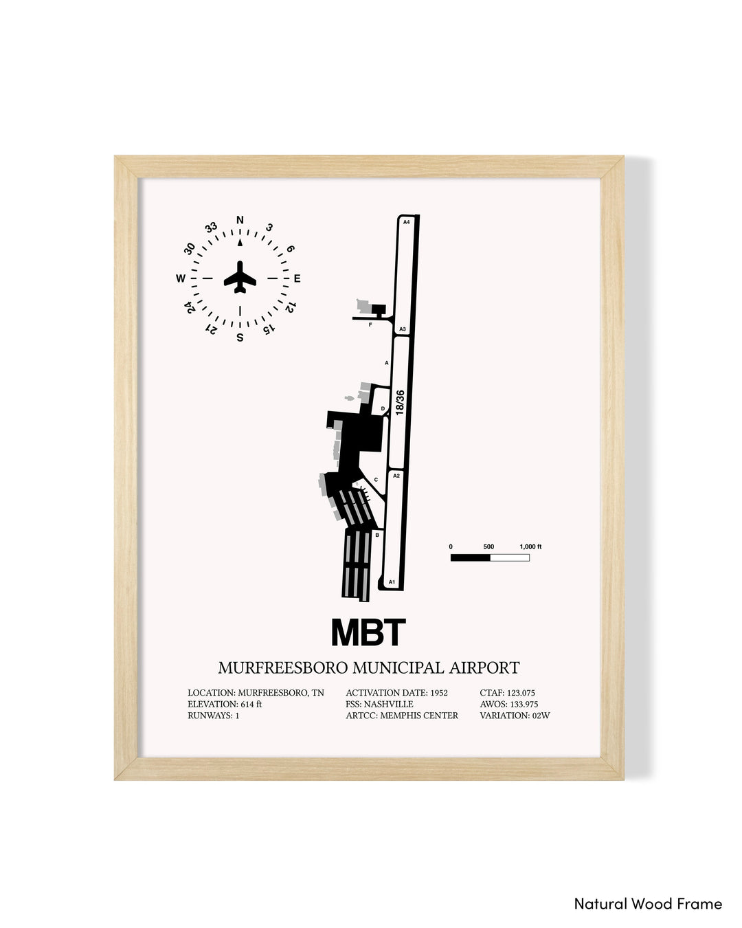 Detailed Airport Map of Murfreesboro Municipal Airport (MBT) in White with a Natural Frame