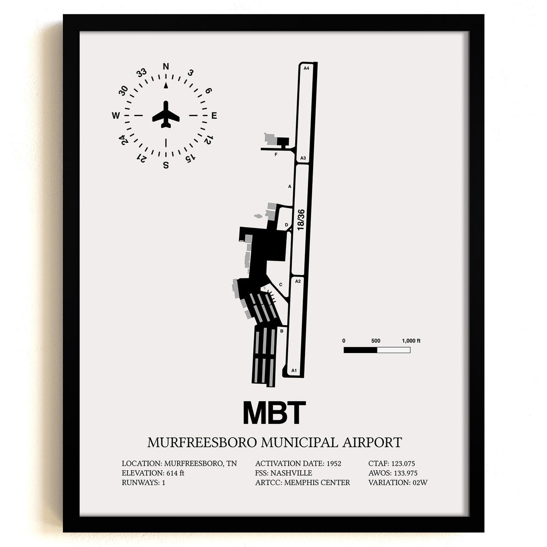 Framed Detailed Airport Map of Murfreesboro Municipal Airport (MBT) in White with a Black Frame