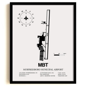 Framed Detailed Airport Map of Murfreesboro Municipal Airport (MBT) in White with a Black Frame