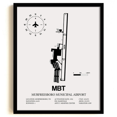 Framed Detailed Airport Map of Murfreesboro Municipal Airport (MBT) in White with a Black Frame