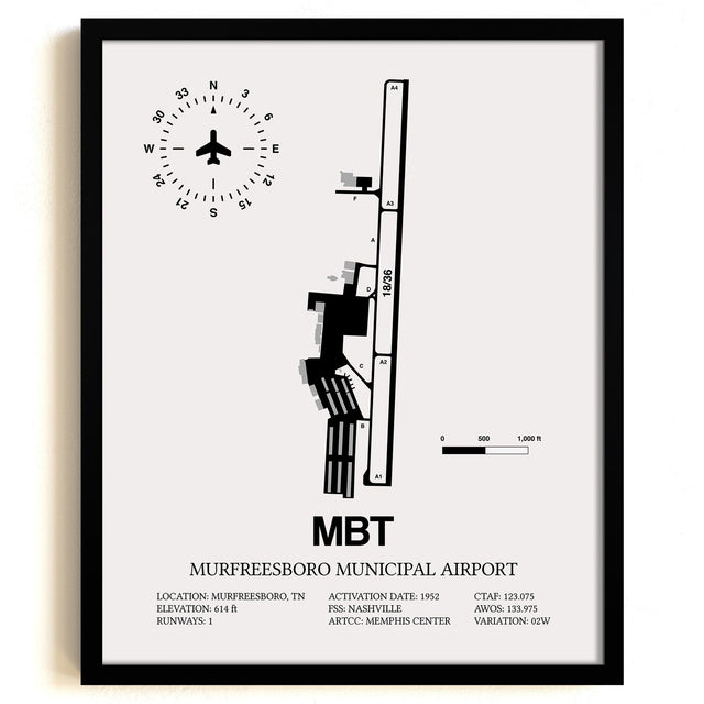 Framed Detailed Airport Map of Murfreesboro Municipal Airport (MBT) in White with a Black Frame