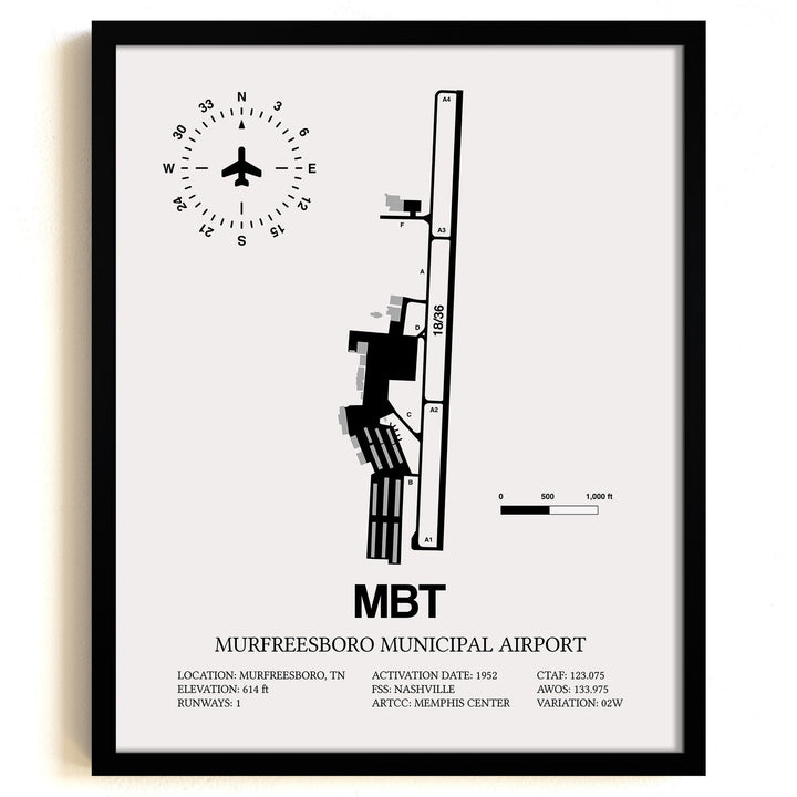 Framed Detailed Airport Map of Murfreesboro Municipal Airport (MBT) in White with a Black Frame