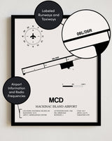 Framed Detailed Airport Map of Mackinac Island Airport (MCD) in White with a Black Frame