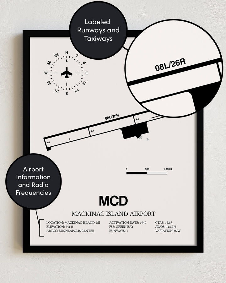 Framed Detailed Airport Map of Mackinac Island Airport (MCD) in White with a Black Frame
