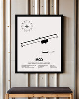 Framed Detailed Airport Map of Mackinac Island Airport (MCD) in White with a Black Frame