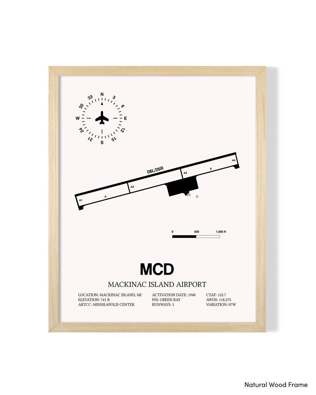 Detailed Airport Map of Mackinac Island Airport (MCD) in White with a Natural Frame