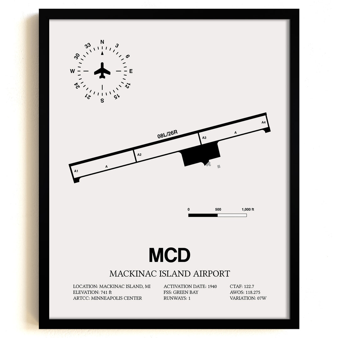 Framed Detailed Airport Map of Mackinac Island Airport (MCD) in White with a Black Frame