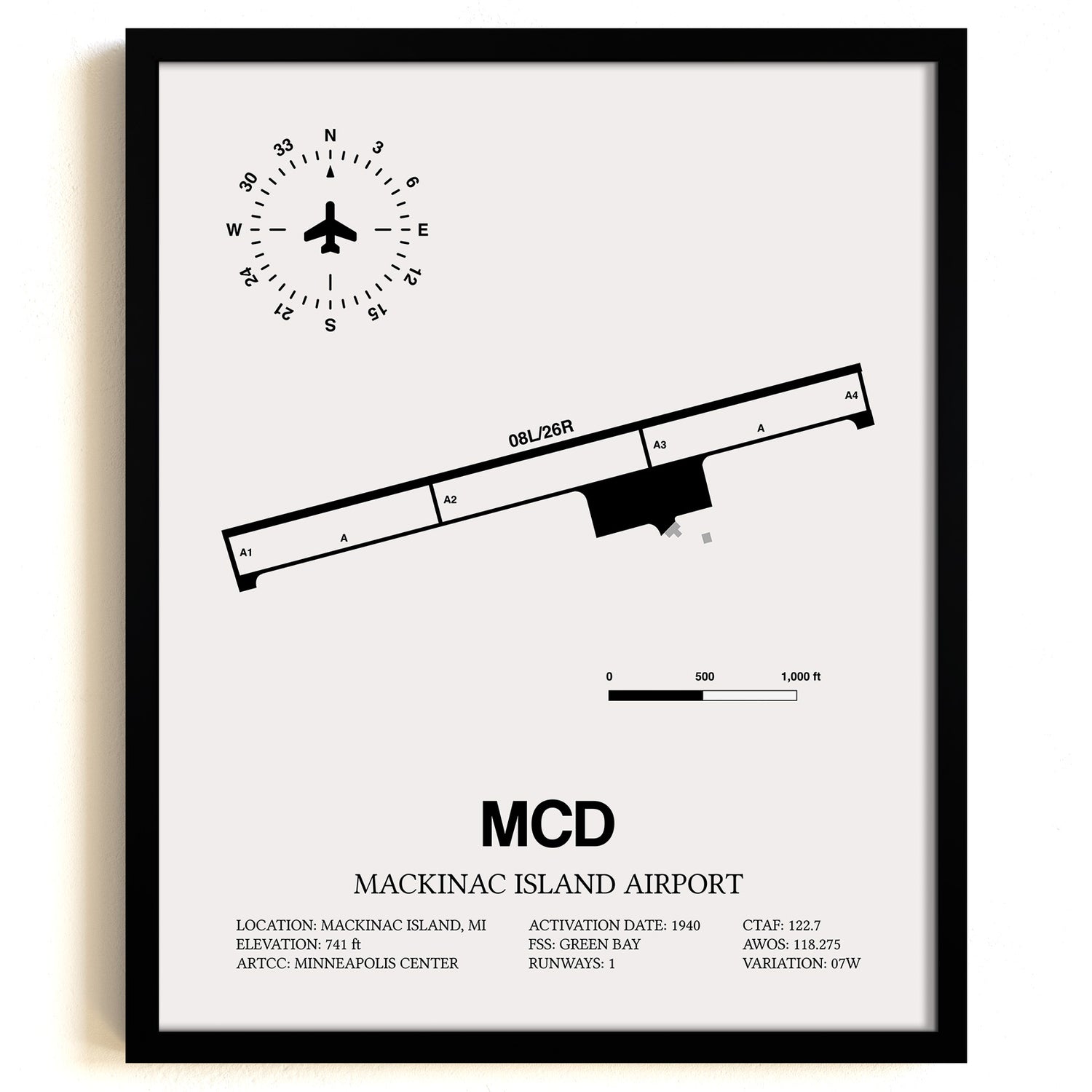 Framed Detailed Airport Map of Mackinac Island Airport (MCD) in White with a Black Frame