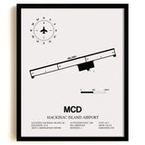 Framed Detailed Airport Map of Mackinac Island Airport (MCD) in White with a Black Frame