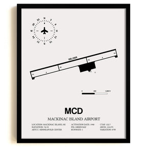 Framed Detailed Airport Map of Mackinac Island Airport (MCD) in White with a Black Frame