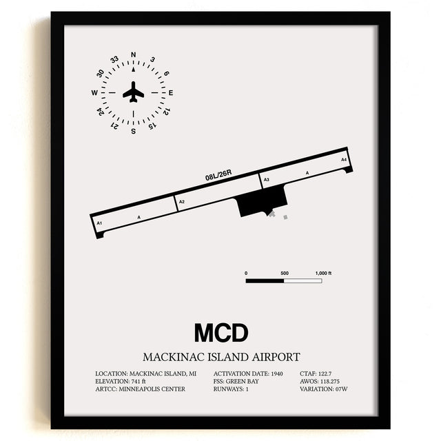 Framed Detailed Airport Map of Mackinac Island Airport (MCD) in White with a Black Frame