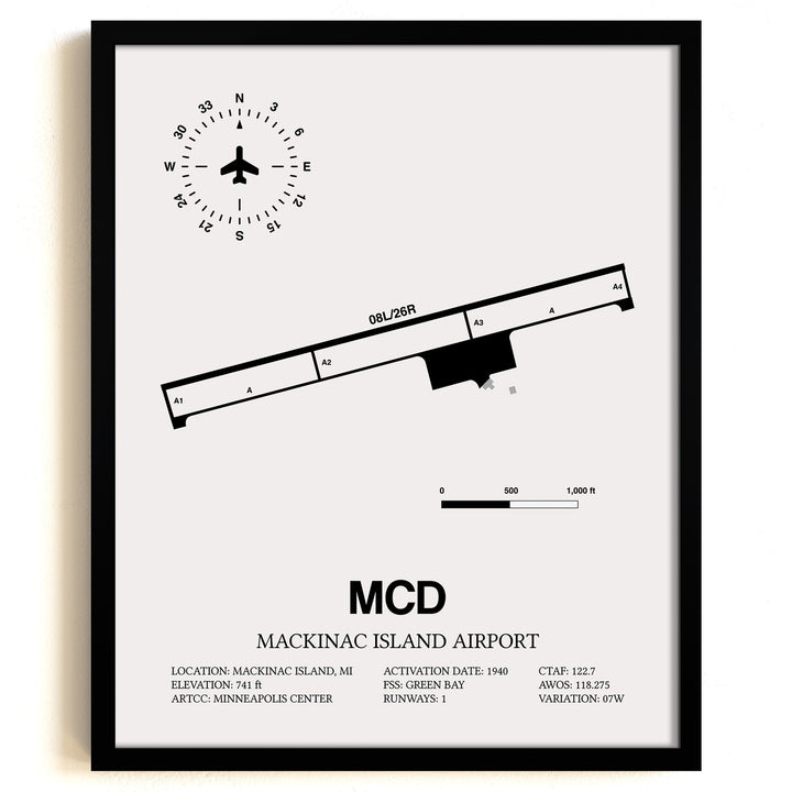 Framed Detailed Airport Map of Mackinac Island Airport (MCD) in White with a Black Frame