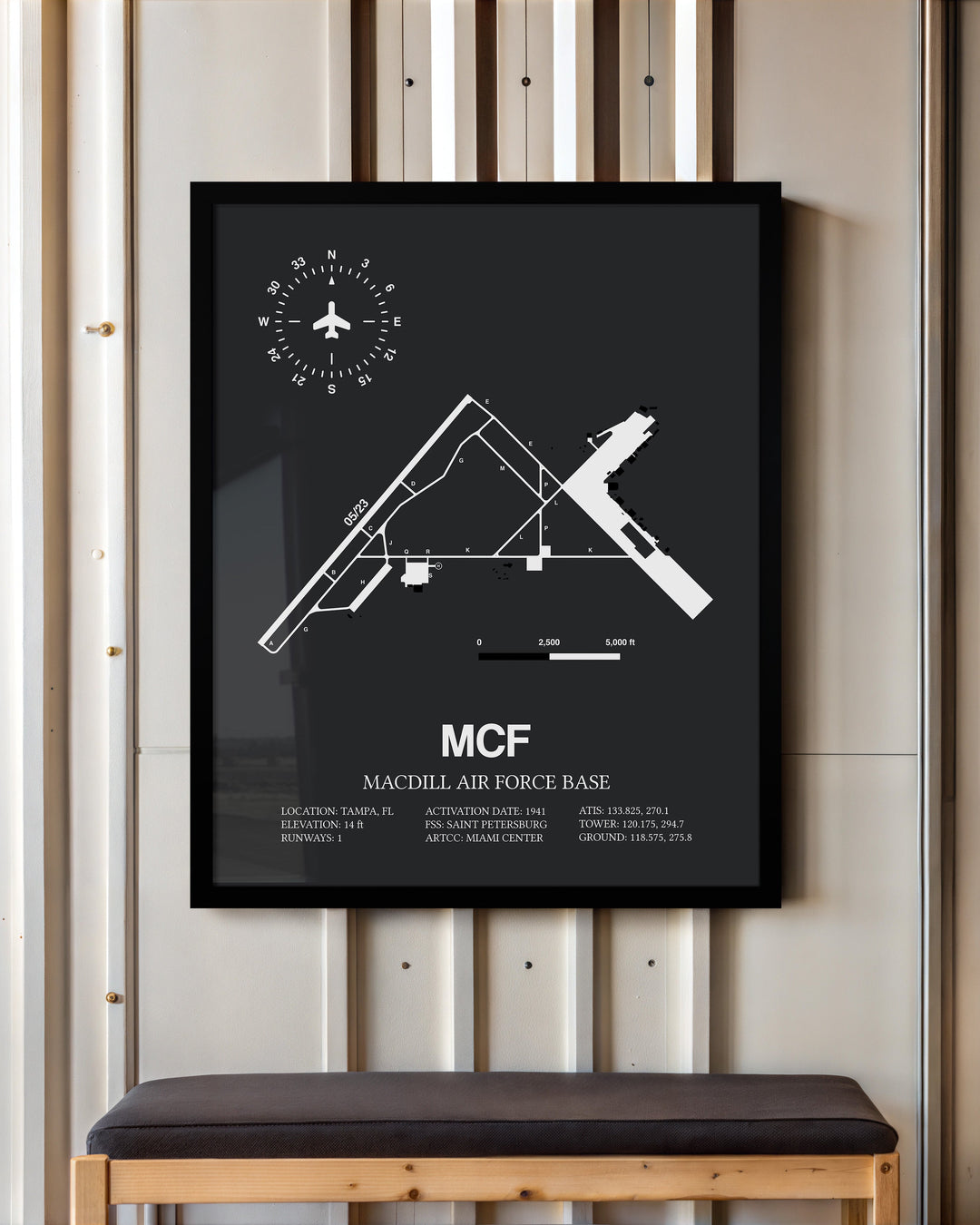 Framed Detailed Airport Map of MacDill Air Force Base (MCF) in Gray with a Black Frame