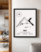 Framed Detailed Airport Map of MacDill Air Force Base (MCF) in White with a Black Frame