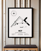 Framed Detailed Airport Map of MacDill Air Force Base (MCF) in White with a Black Frame