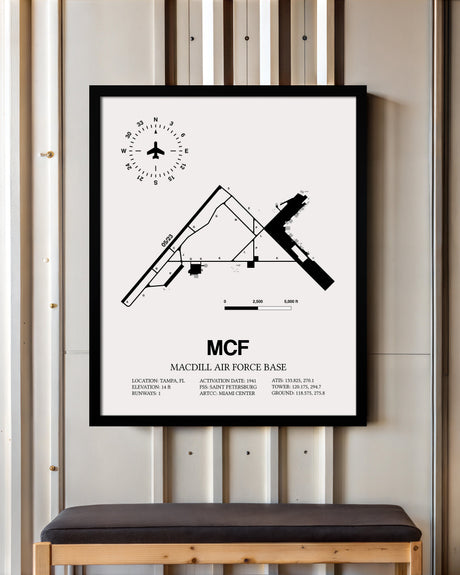Framed Detailed Airport Map of MacDill Air Force Base (MCF) in White with a Black Frame