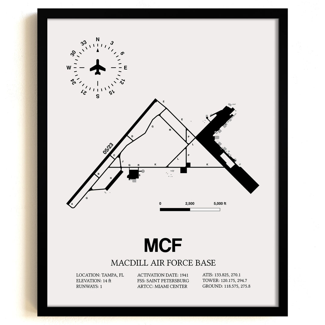 Framed Detailed Airport Map of MacDill Air Force Base (MCF) in White with a Black Frame
