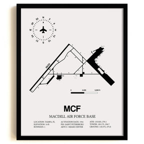 Framed Detailed Airport Map of MacDill Air Force Base (MCF) in White with a Black Frame