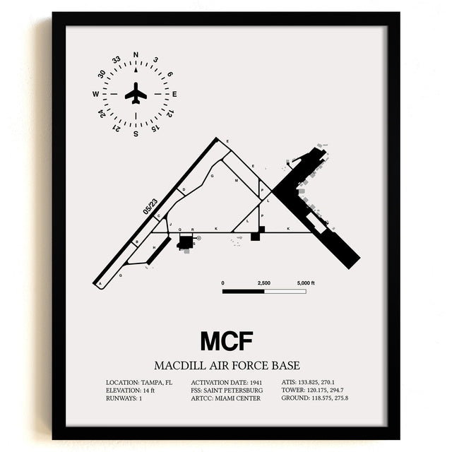 Framed Detailed Airport Map of MacDill Air Force Base (MCF) in White with a Black Frame