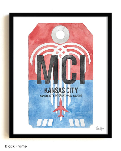 Framed Watercolor Print of Kansas City International Airport (MCI) with a Black Frame