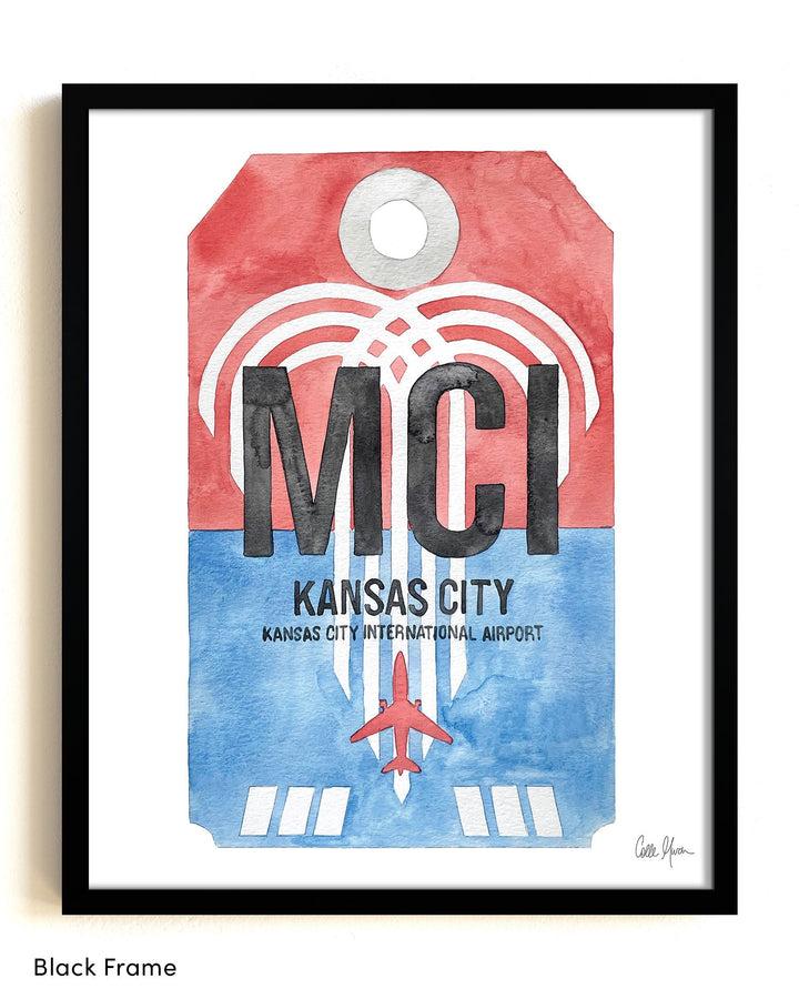 Framed Watercolor Print of Kansas City International Airport (MCI) with a Black Frame