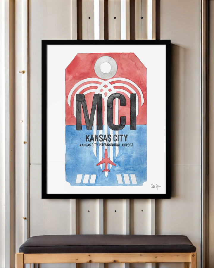 Framed Watercolor Print of Kansas City International Airport (MCI) with a Black Frame