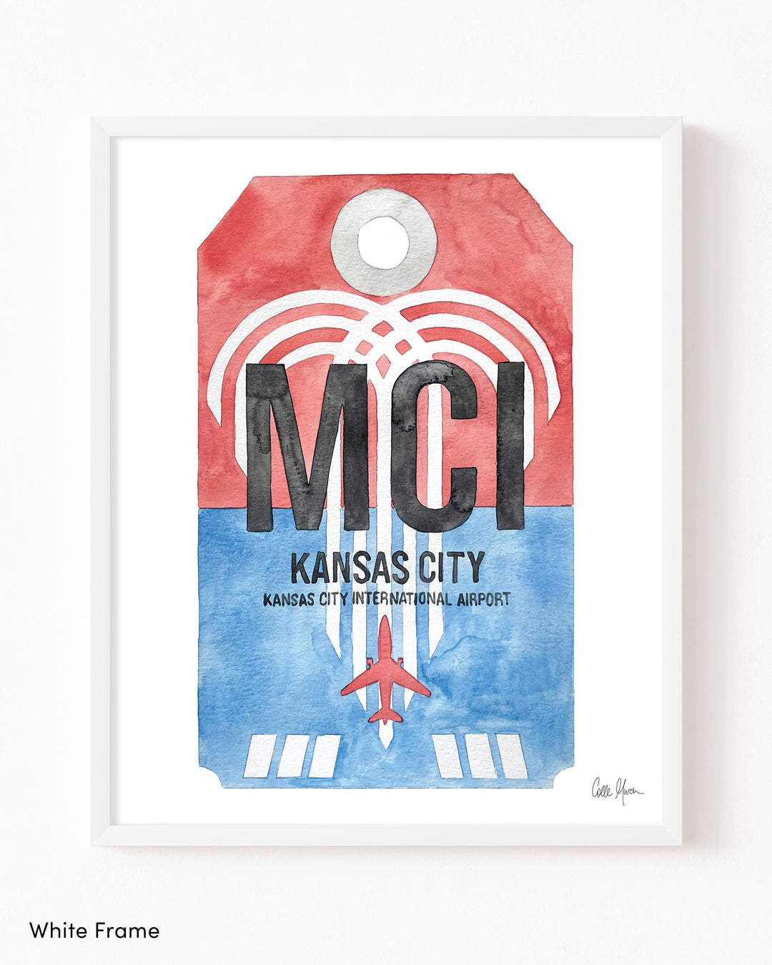 Framed Watercolor Print of Kansas City International Airport (MCI) with a White Frame